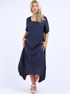 Square Neck Linen Dress Navy