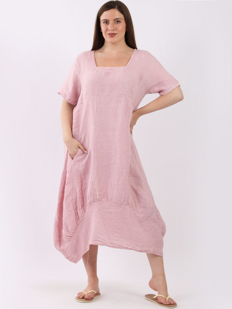 Square Neck Linen Dress Pink