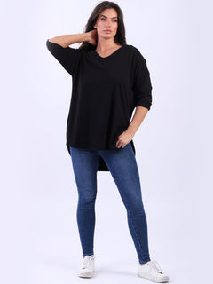V Neck Cotton Sweat Top Black