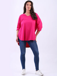 V Neck Cotton Sweat Top Fuchsia