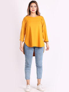 V Neck Cotton Sweat Top Mustard