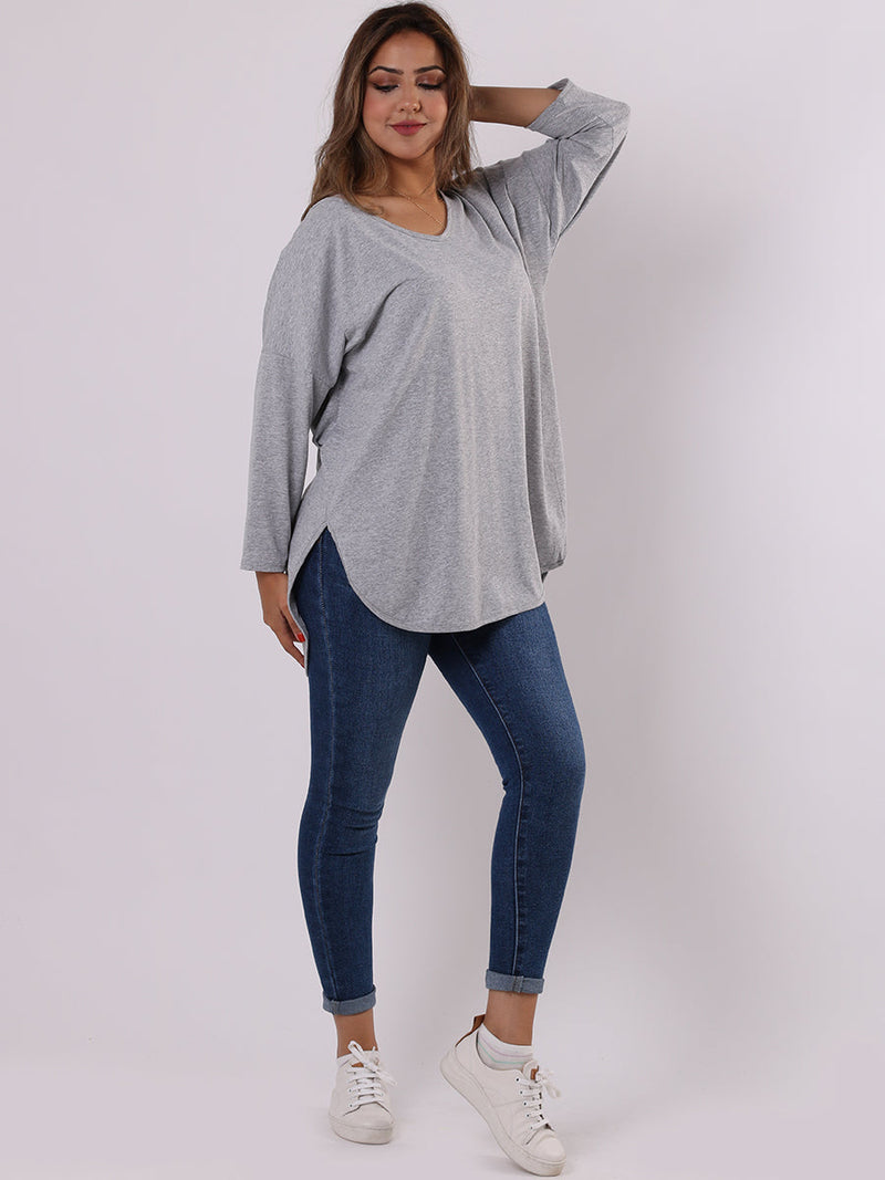 V Neck Cotton Sweat Top Silver