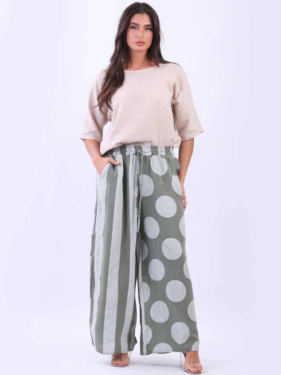 Polka Stripy Print Palazzo Khaki