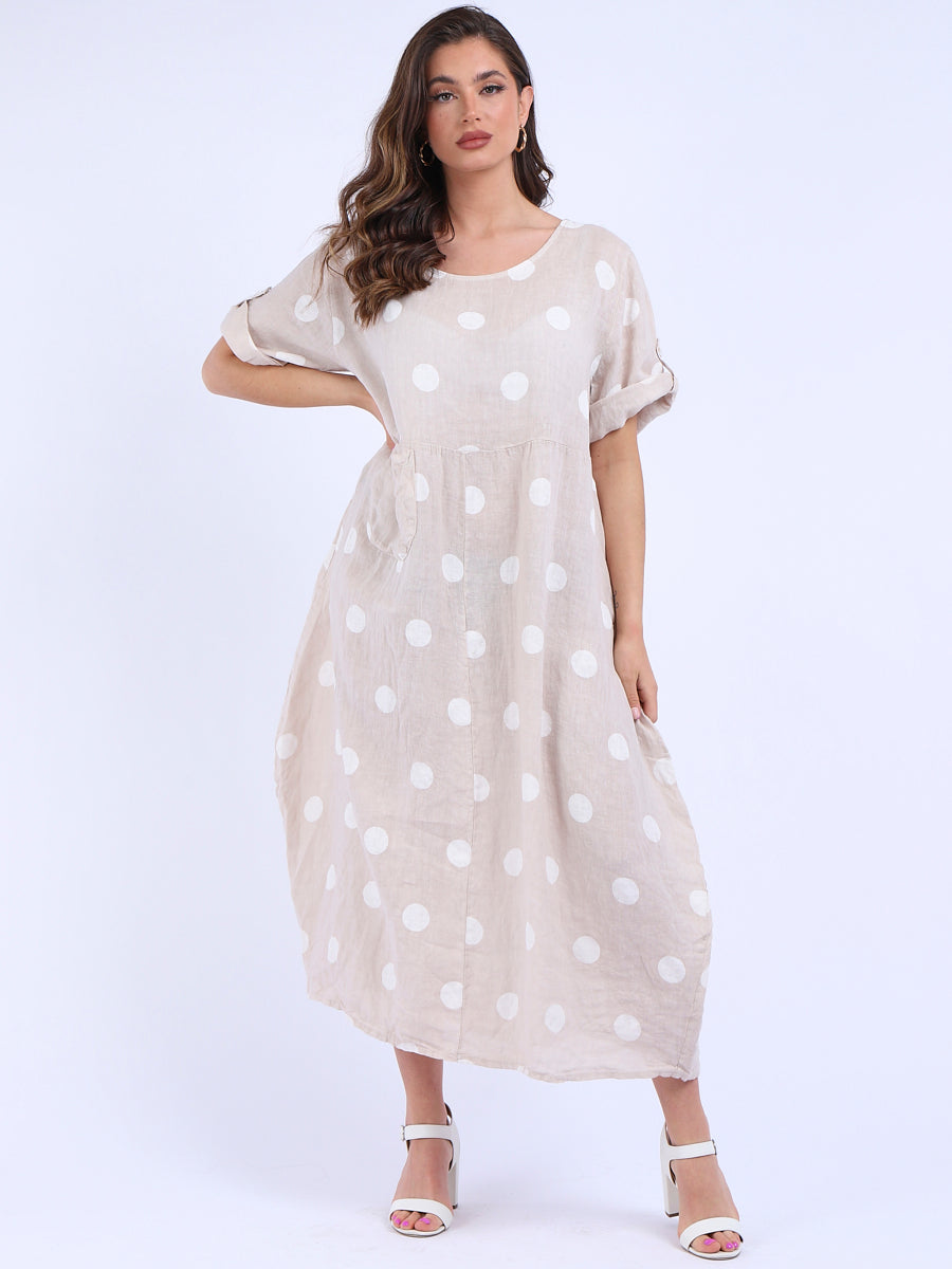 Polka Dot Oversized Linen Dress Beige