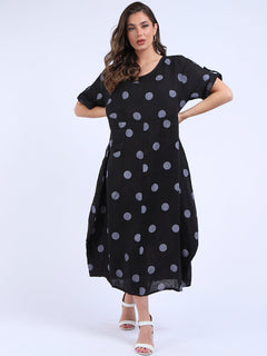 Polka Dot Oversized Linen Dress Black