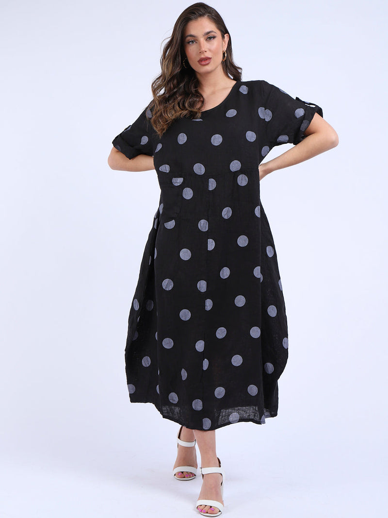 Polka Dot Oversized Linen Dress Black