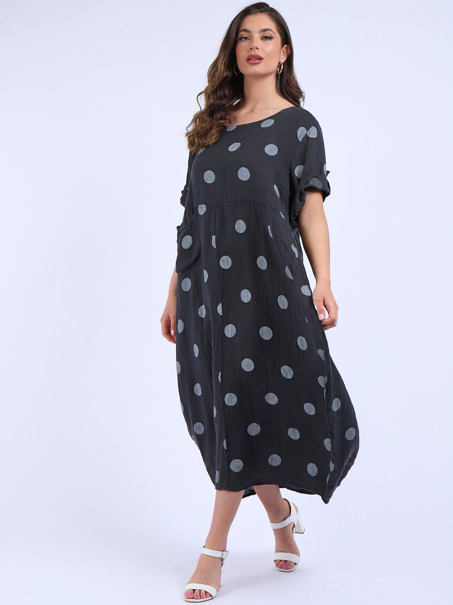 Polka Dot Oversized Linen Dress Charcoal