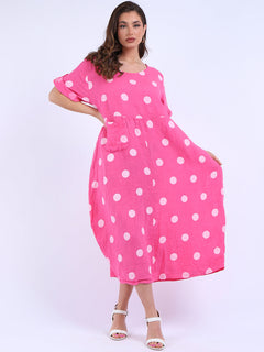 Polka Dot Oversized Linen Dress Fuchsia