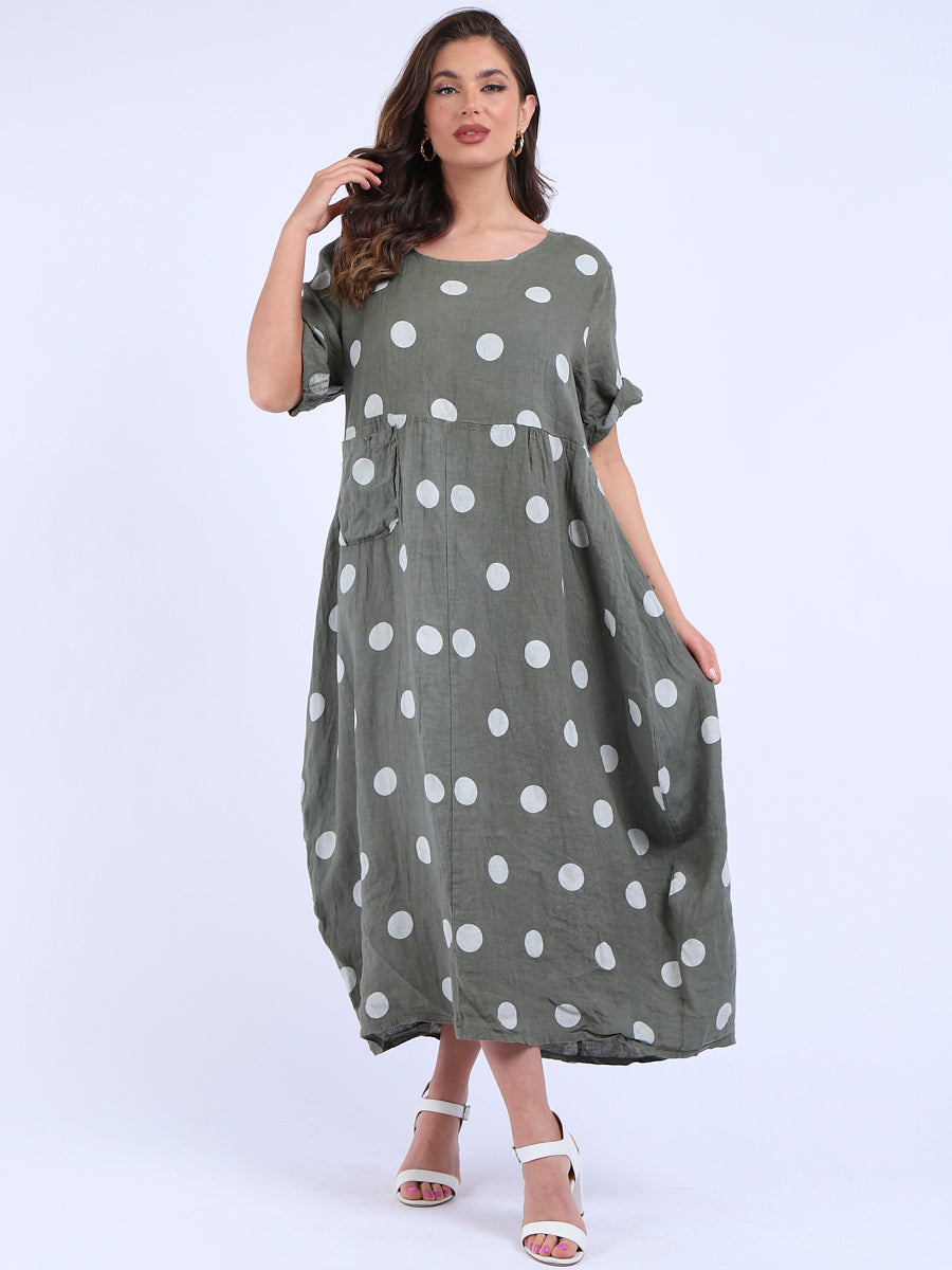 Polka Dot Oversized Linen Dress Khaki