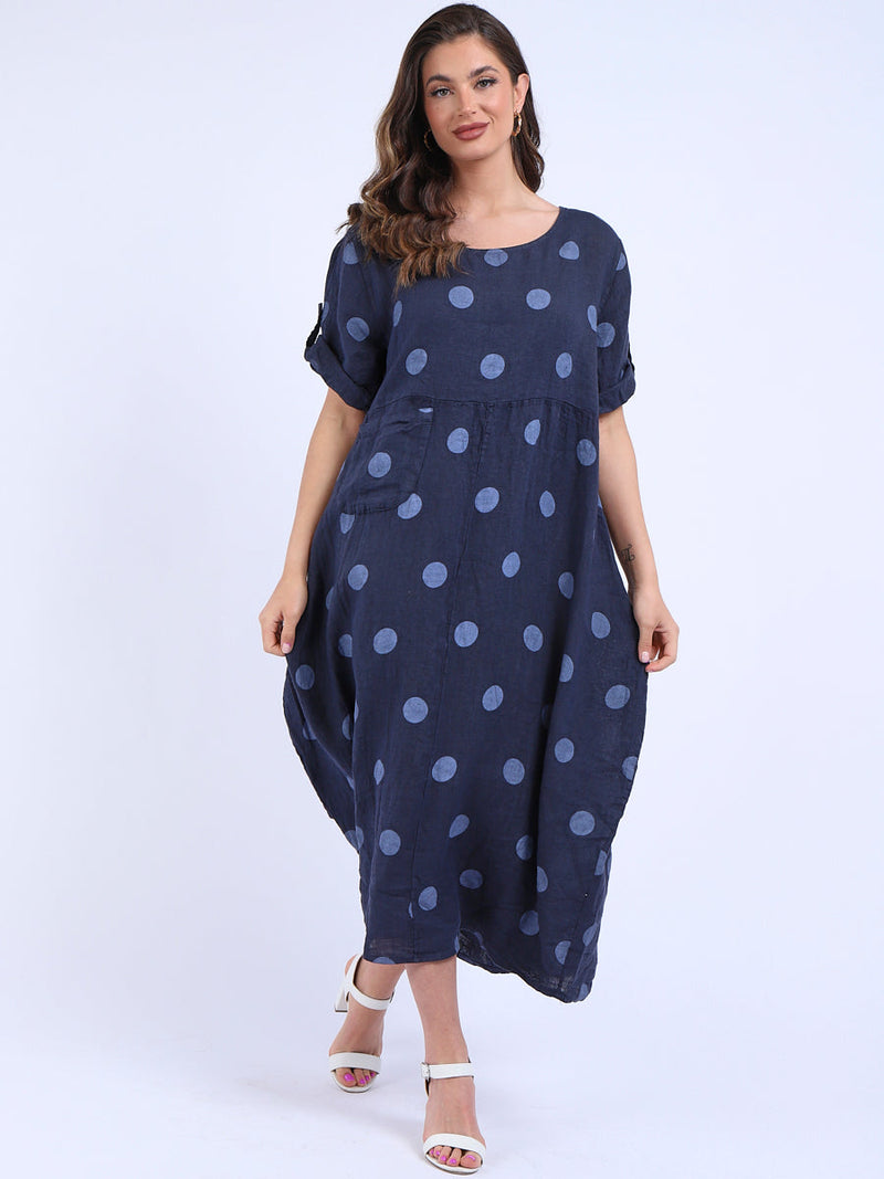 Polka Dot Oversized Linen Dress Navy