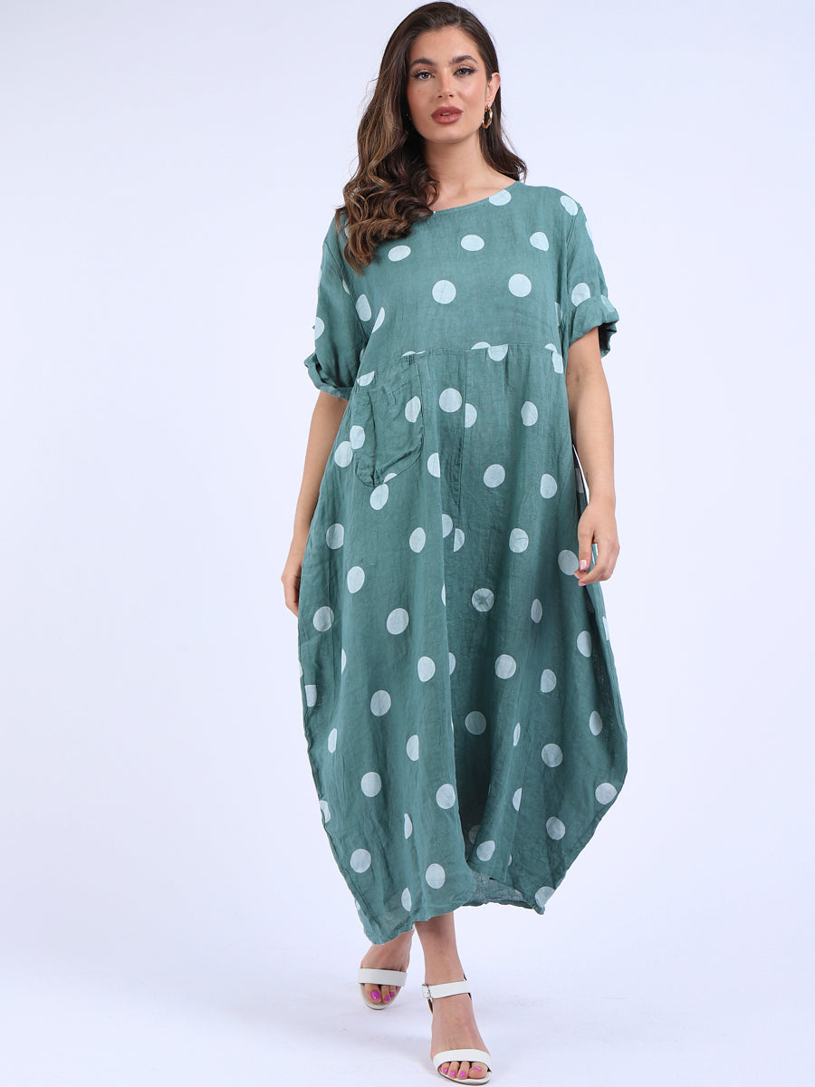 Polka Dot Oversized Linen Dress Ocean Blue