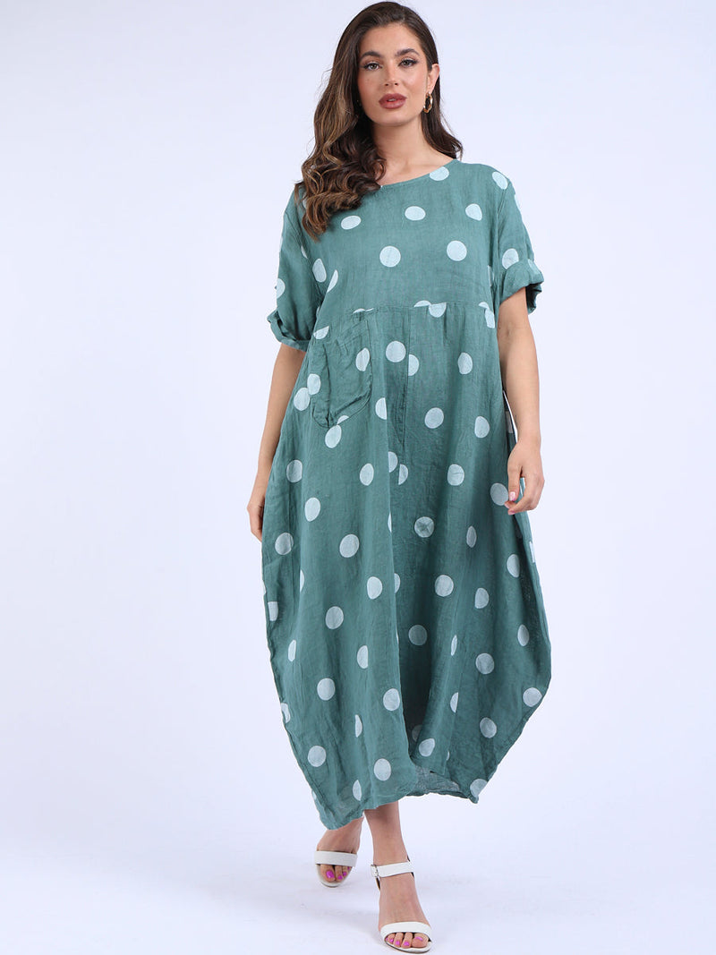Polka Dot Oversized Linen Dress Ocean Blue