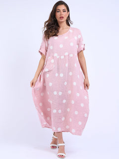 Polka Dot Oversized Linen Dress Pink