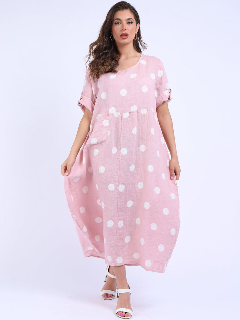 Polka Dot Oversized Linen Dress Pink
