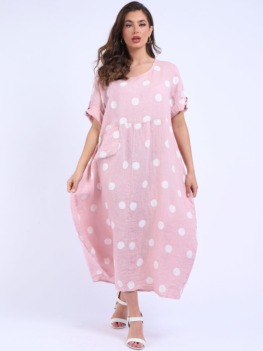 Polka Dot Oversized Linen Dress Pink