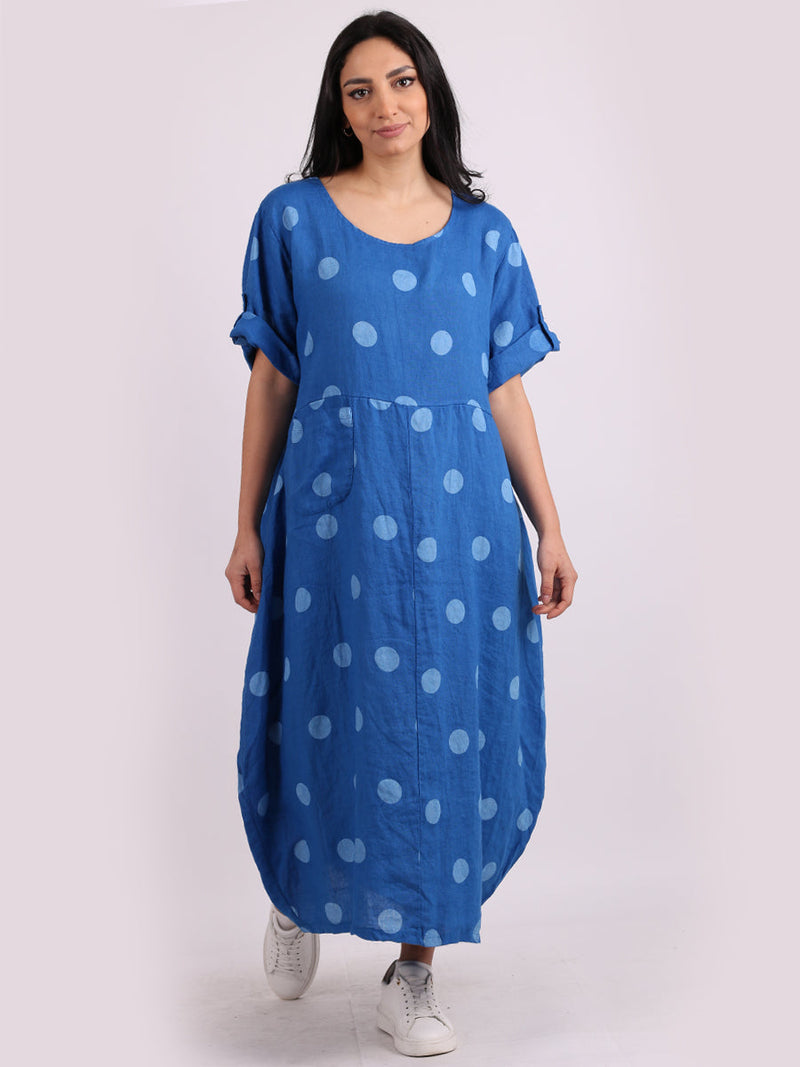 Polka Dot Oversized Linen Dress Royal Blue