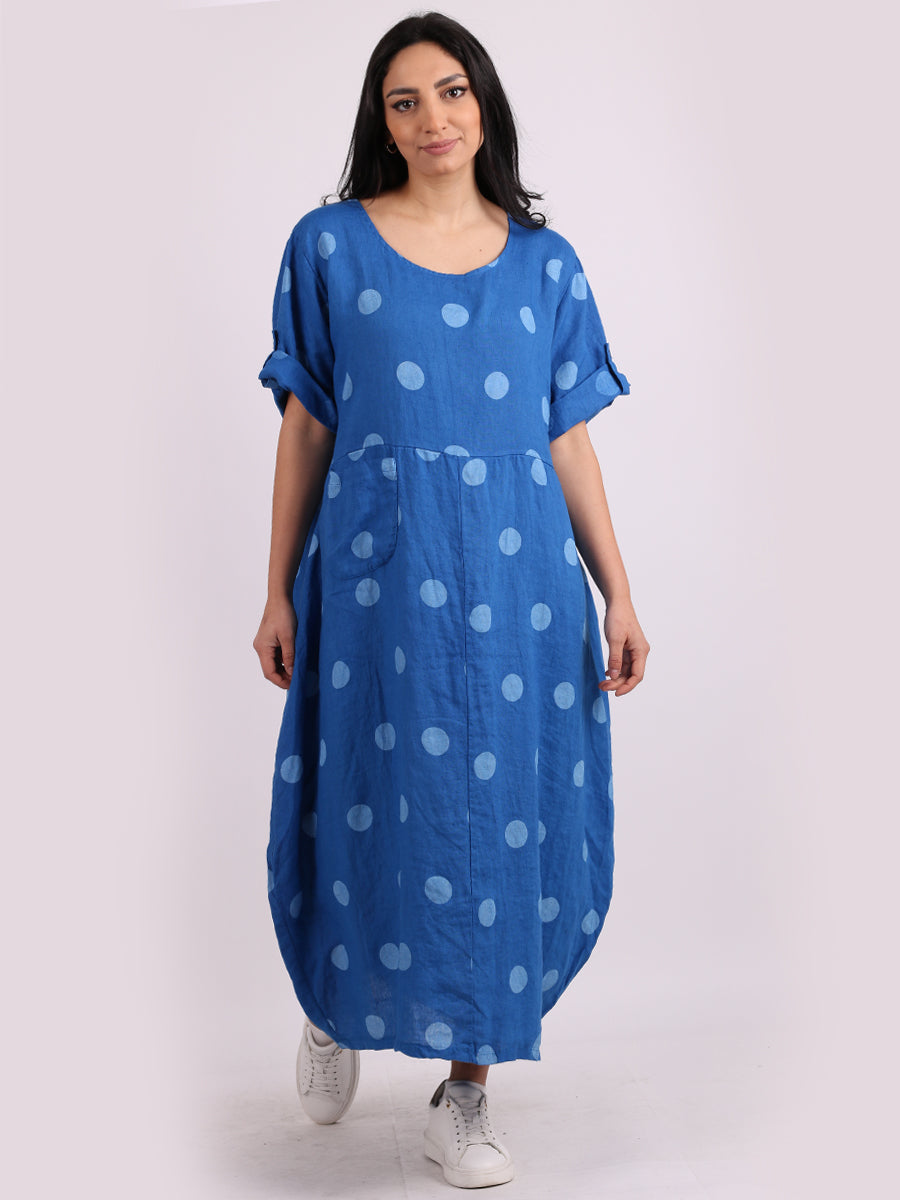 Polka Dot Oversized Linen Dress Royal Blue