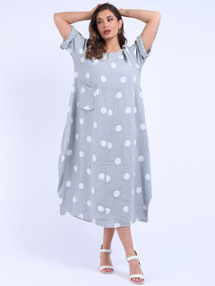 Polka Dot Oversized Linen Dress Silver