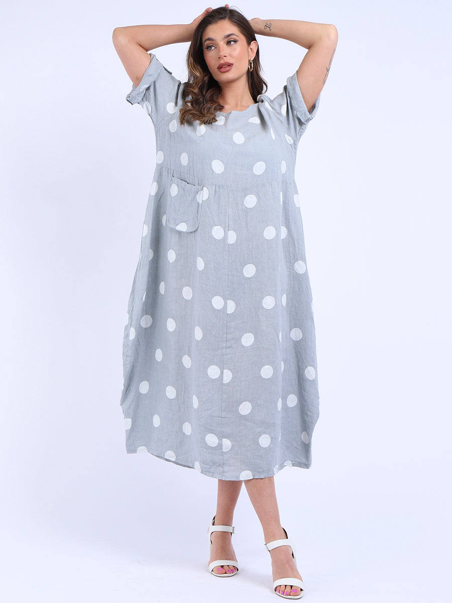 Polka Dot Oversized Linen Dress Silver