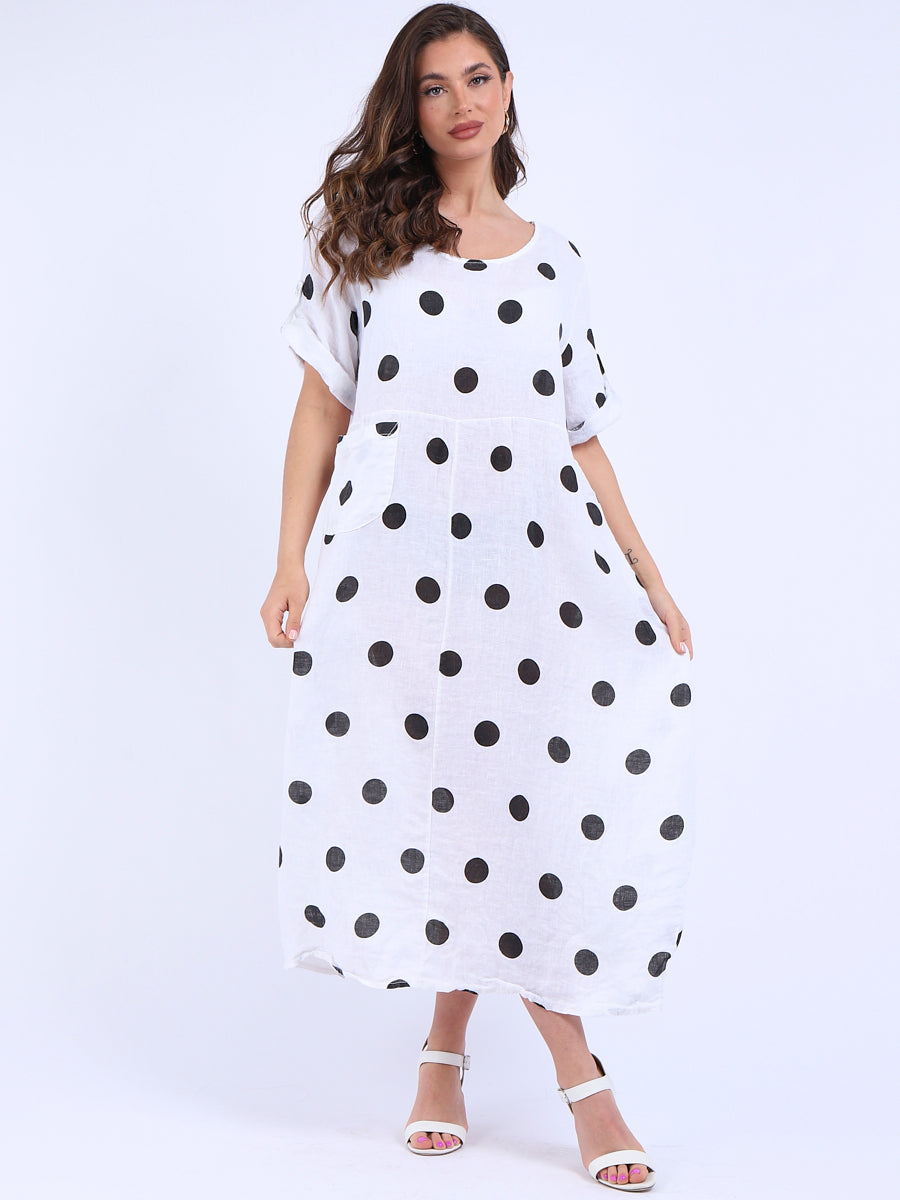 Polka Dot Oversized Linen Dress White