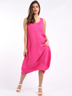 Ribbed Sides Plain Dress Fuchsia