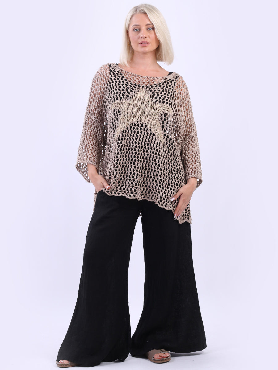 Star Knit Crochet Batwing Top Mocha