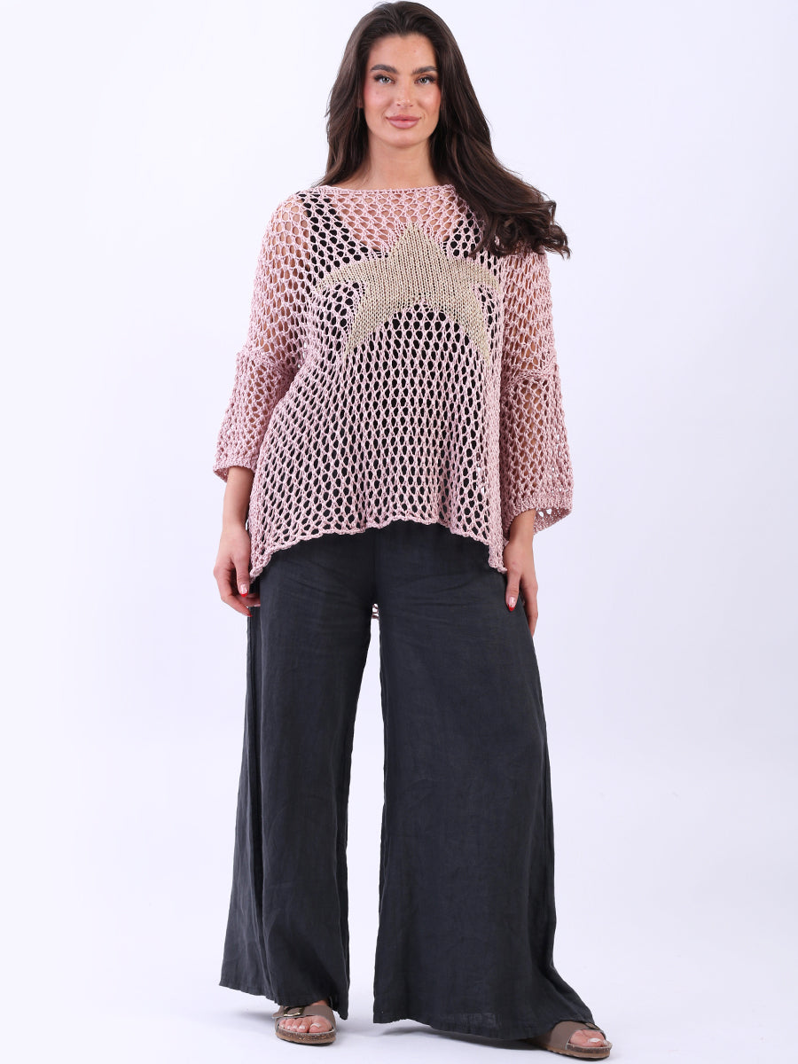 Star Knit Crochet Batwing Top Pink