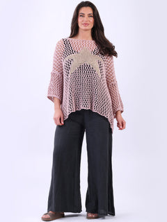 Star Knit Crochet Batwing Top Pink