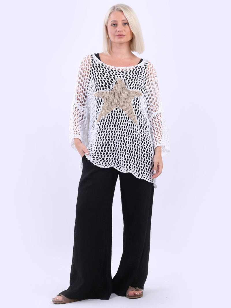 Star Knit Crochet Batwing Top White