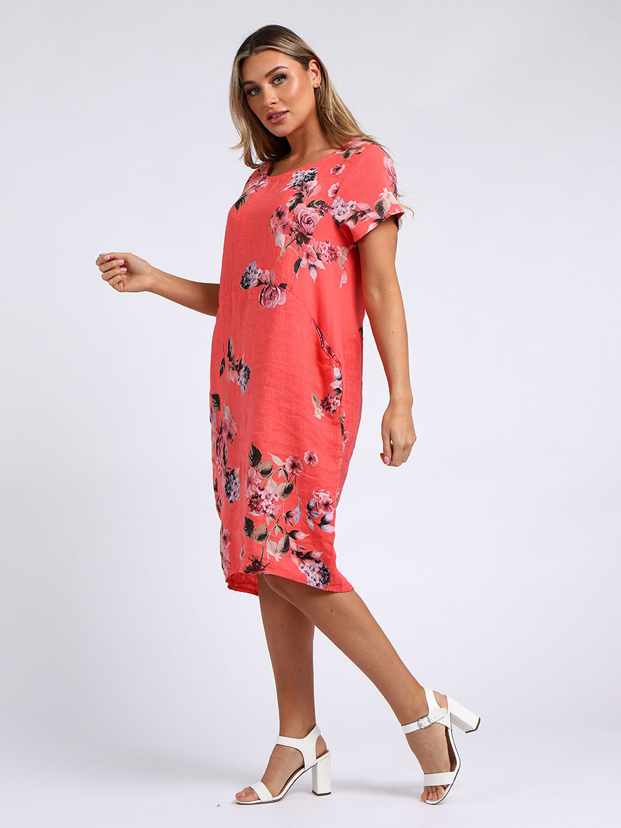Linen Shift Dress Coral