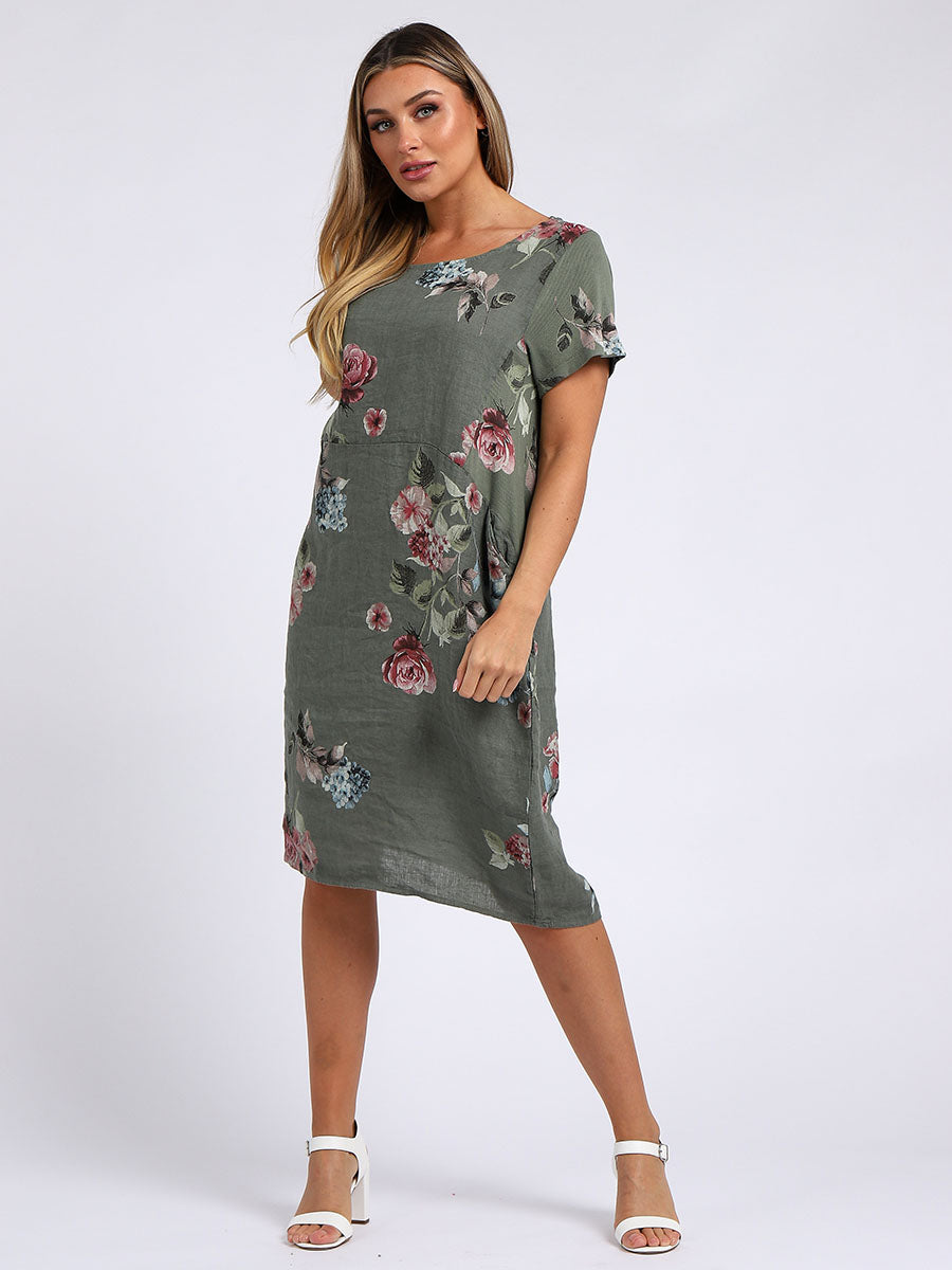 Linen Shift Dress Khaki