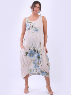 Linen Floral Tank Dress Beige