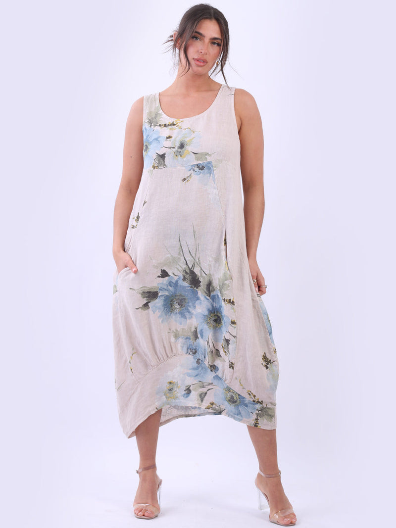 Linen Floral Tank Dress Beige