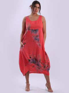 Linen Floral Tank Dress Coral
