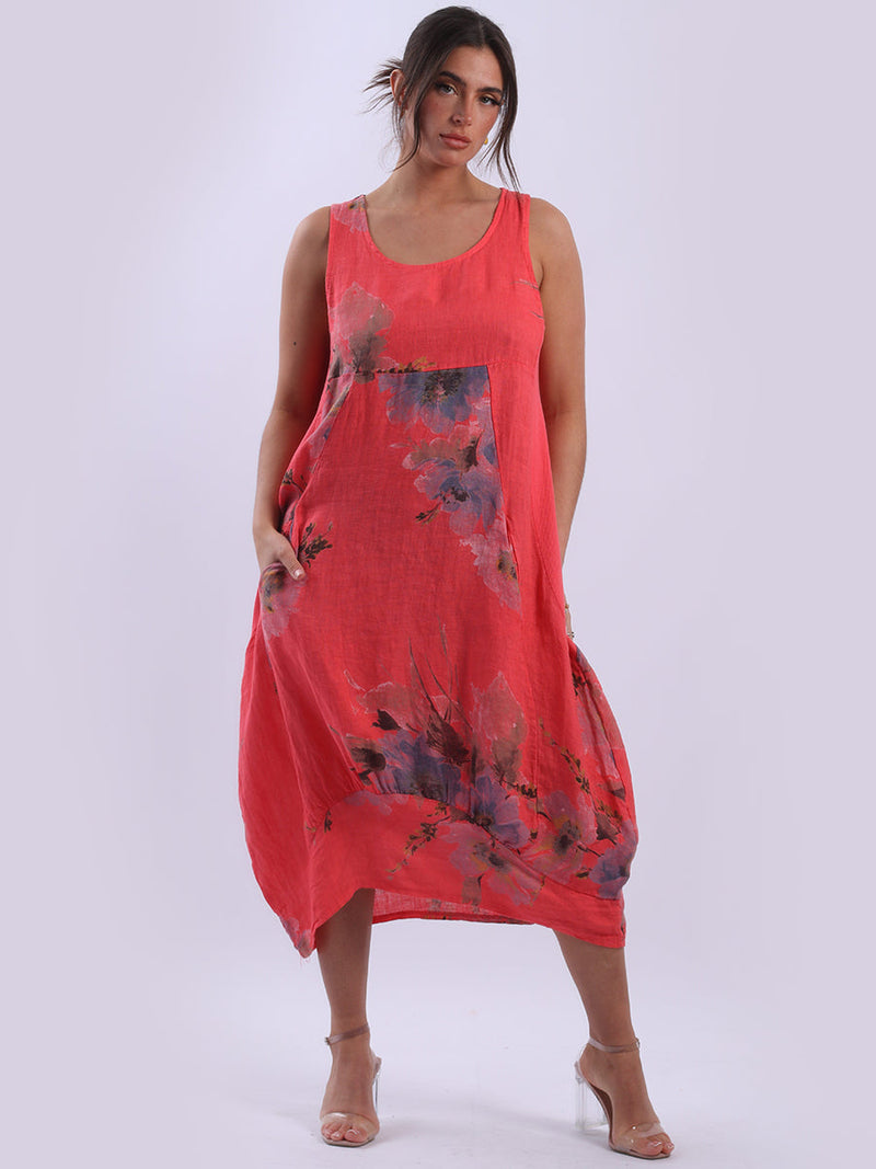 Linen Floral Tank Dress Coral