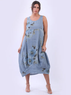 Linen Floral Tank Dress Denim