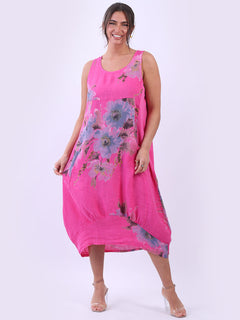 Linen Floral Tank Dress Fuchsia