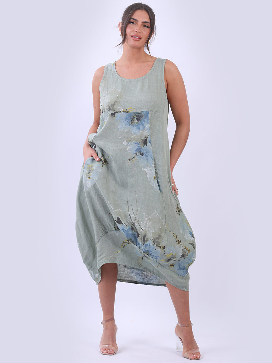 Linen Floral Tank Dress Khaki