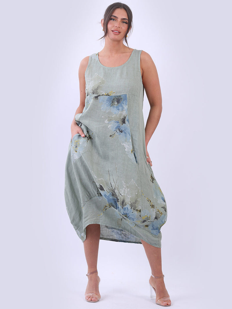 Linen Floral Tank Dress Khaki