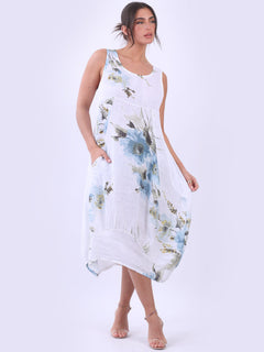 Linen Floral Tank Dress White
