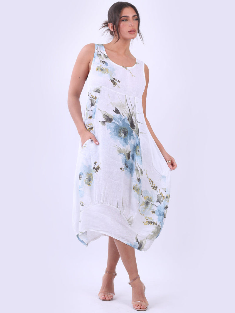 Linen Floral Tank Dress White