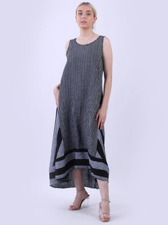 Sleeveless Linen Stripy Tank Dress Black