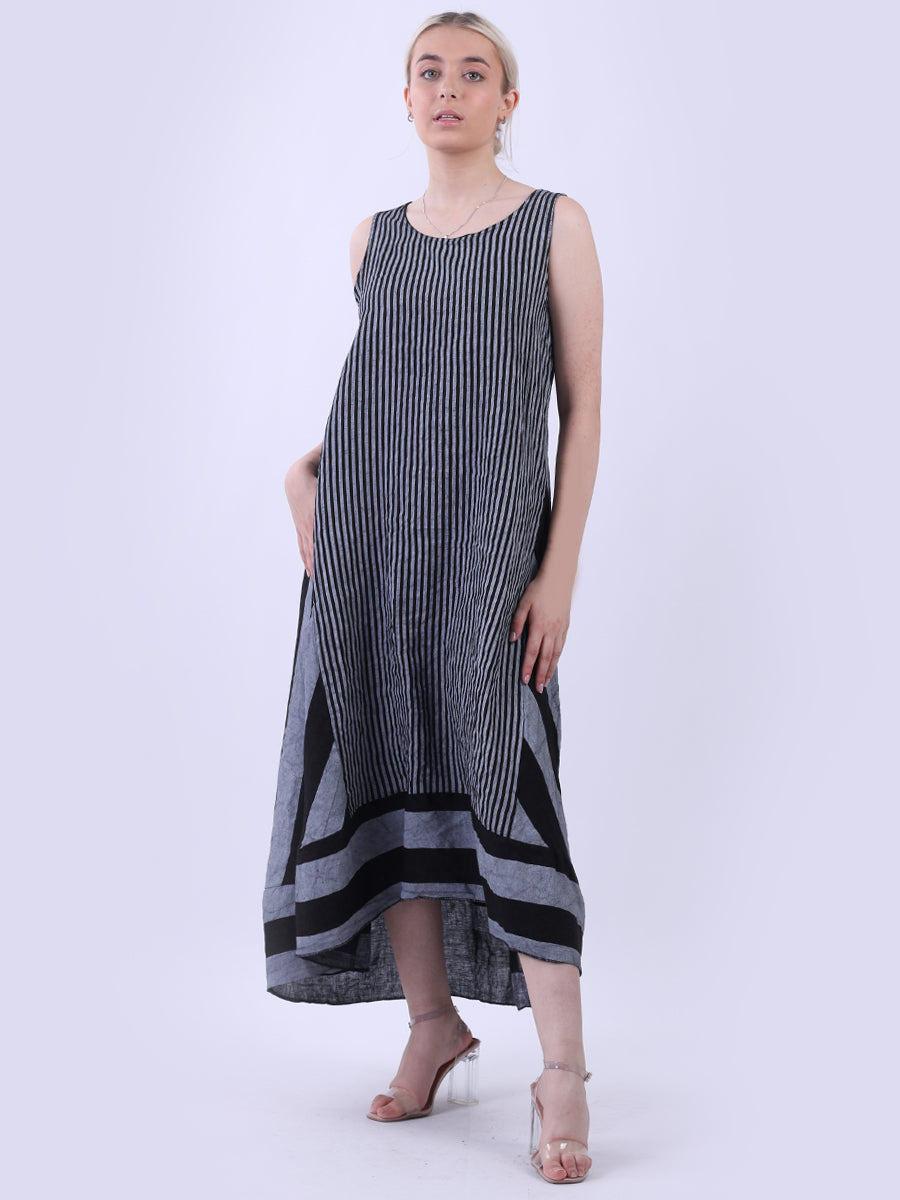 Sleeveless Linen Stripy Tank Dress Black
