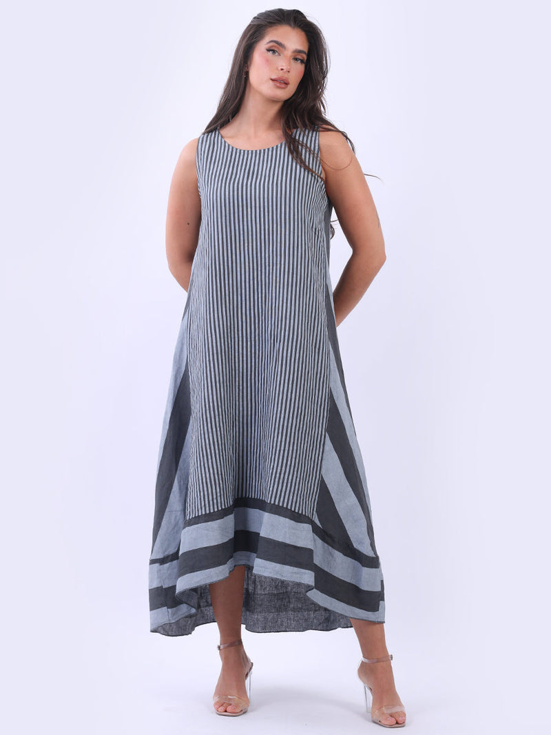 Sleeveless Linen Stripy Tank Dress Charcoal