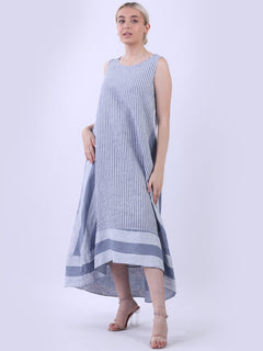 Sleeveless Linen Stripy Tank Dress Denim