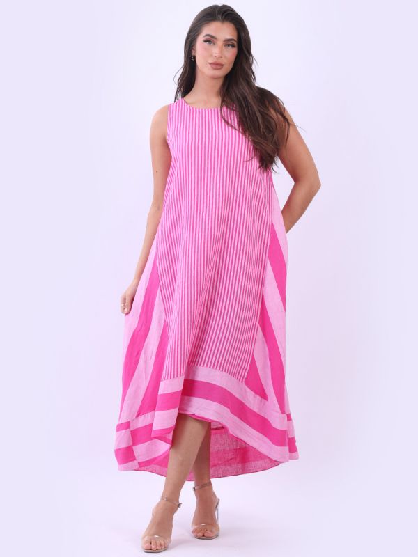 Sleeveless Linen Stripy Tank Dress Fuchsia