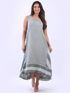 Sleeveless Linen Stripy Tank Dress Khaki