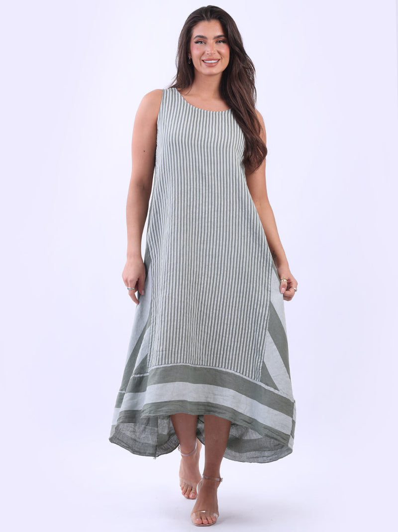 Sleeveless Linen Stripy Tank Dress Khaki