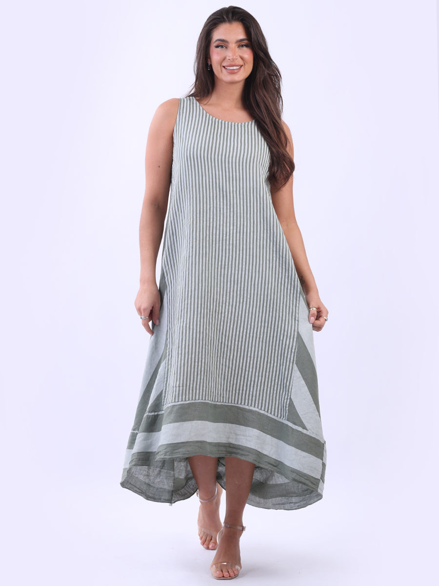 Sleeveless Linen Stripy Tank Dress Khaki