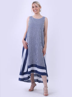 Sleeveless Linen Stripy Tank Dress Navy